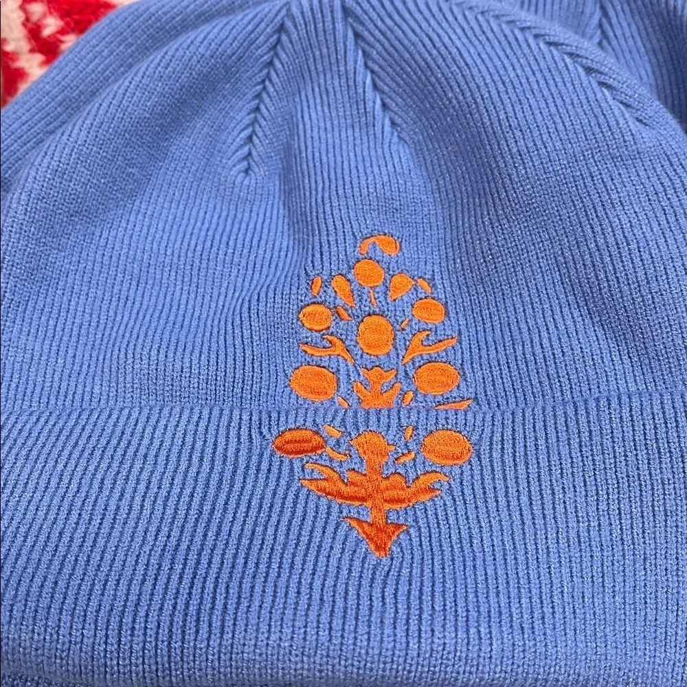 Free People Movement Buti Blue Beanie with Orange Embroidery New
